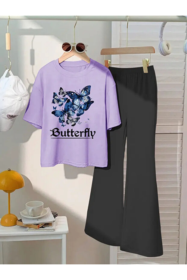 Children's Blue Butterflies Printed T-Shirt Spanish Leg Tracksuit Set