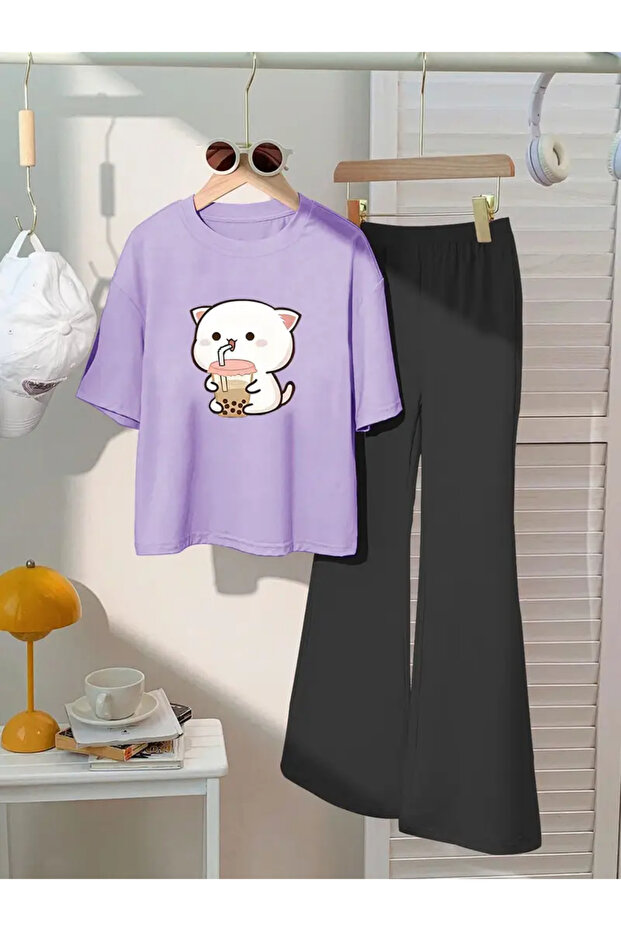 Children's Cat Printed T-Shirt Spanish Leg Tracksuit Set