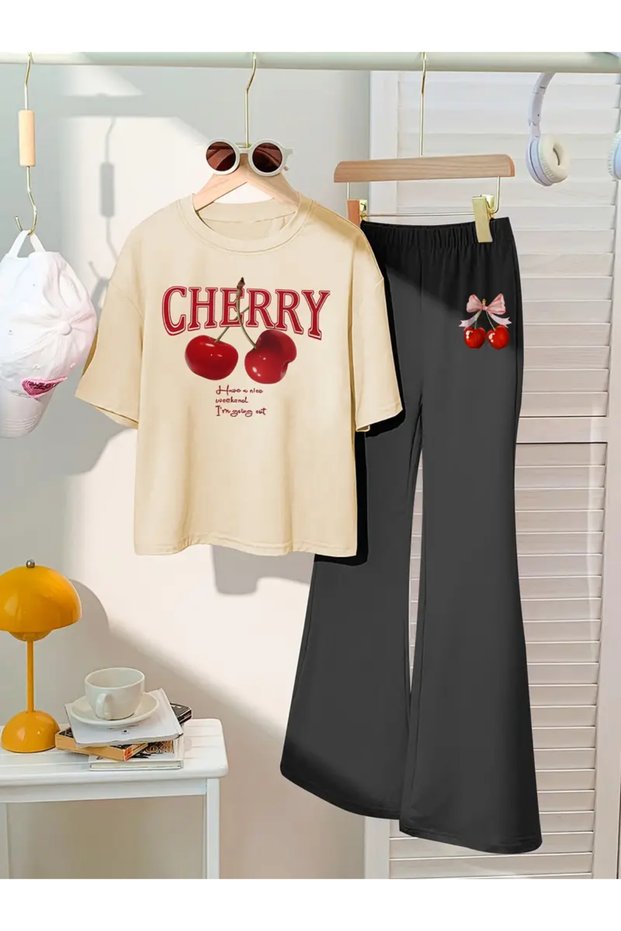 Children's Cherry Printed T-Shirt Spanish Leg Tracksuit Set