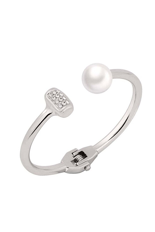 Silver Color Open Cuff Bracelet with Pearl & Rhinestone Detail