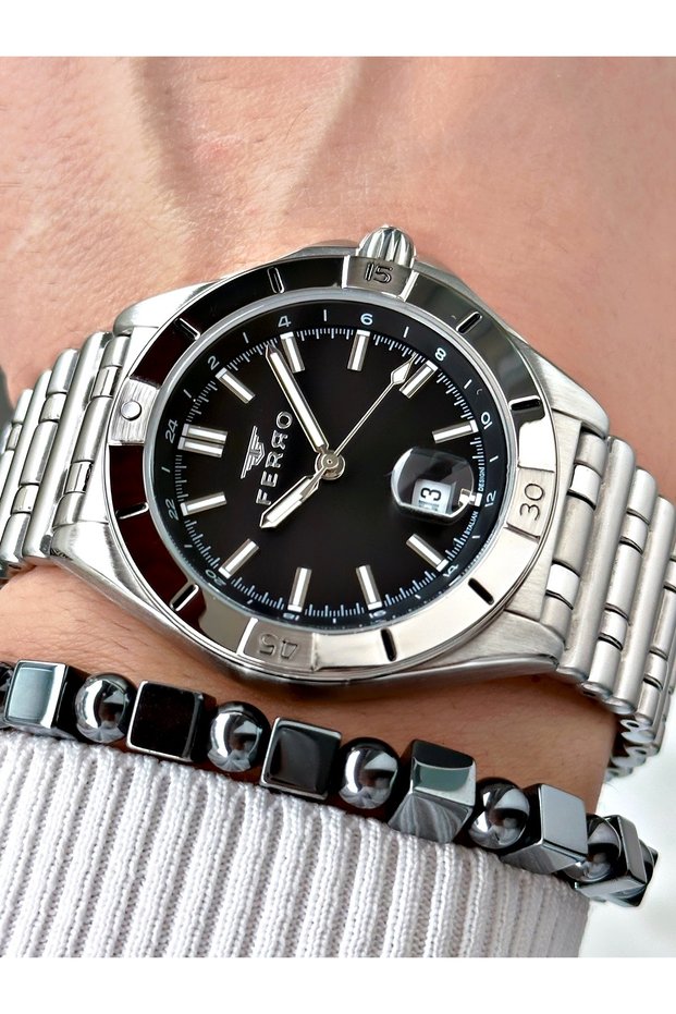 Silver Color Steel Case Cord Original Men's Wrist Watch + Bracelet