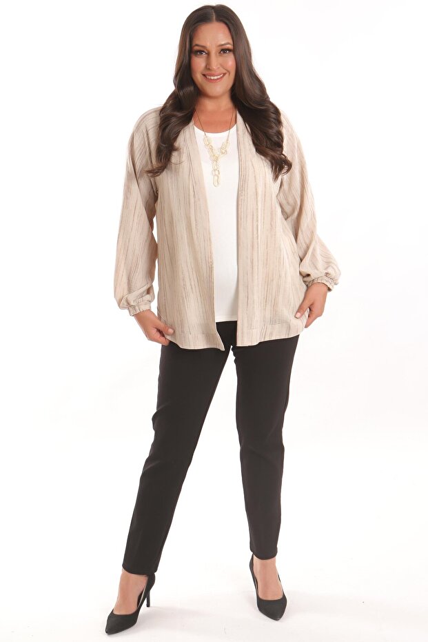 Trend42Plus Large Size Fabric Striped Oversize Beige Jacket with Elastic Sleeves