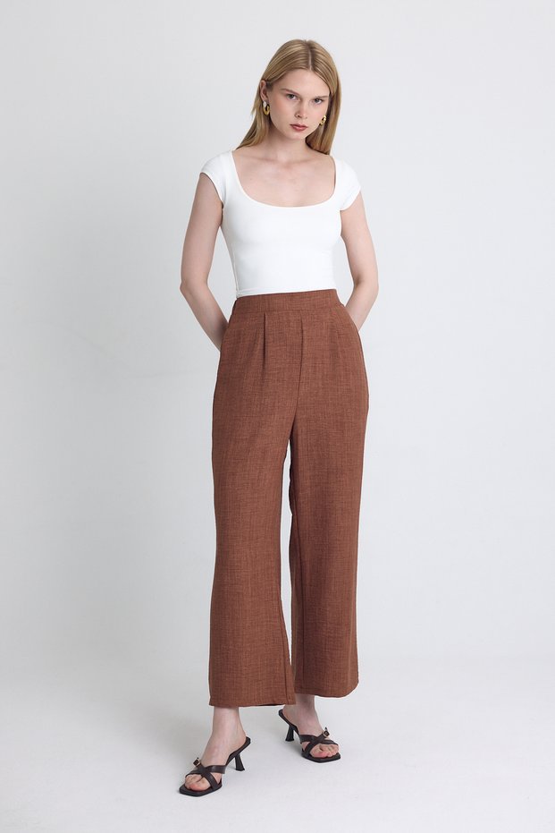 Coffee High Waist Front Pleat Detail Cotton Wide Leg Pants 8014A