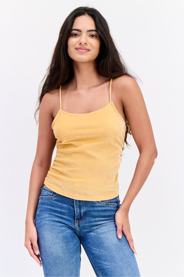 Women Square Neck Sleeveless Metallic Top, Orange