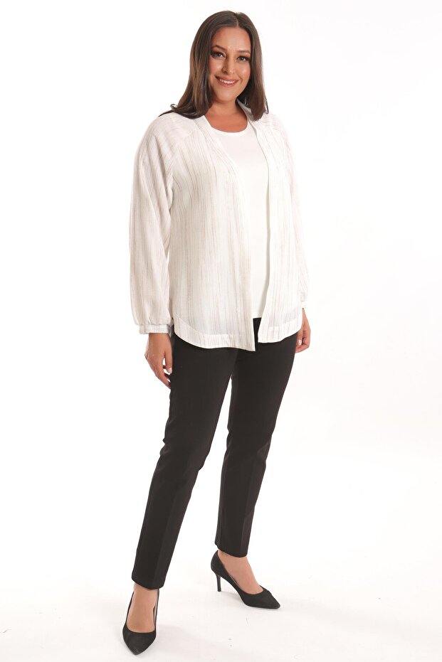 Trend42Plus Large Size Fabric Striped Oversize Ecru Jacket with Elastic Sleeves - 1