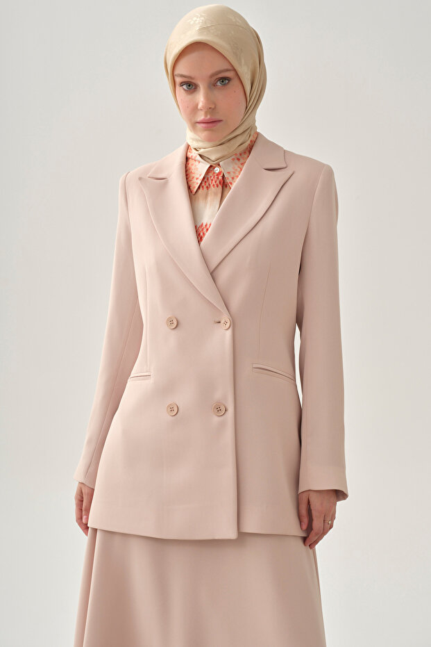 Kruvaze Basic Ceket - Bej - 4