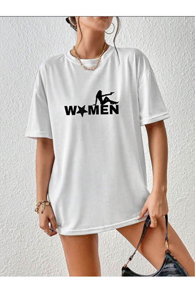 Women's Oversize White Combed Cotton T-Shirt Women's Text Printed Basic Design Printed Women's T-Shirt Short Sleeve
