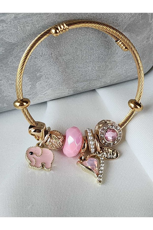 Charm Steel Bracelet Gold Pink Elephant Heart with Stone