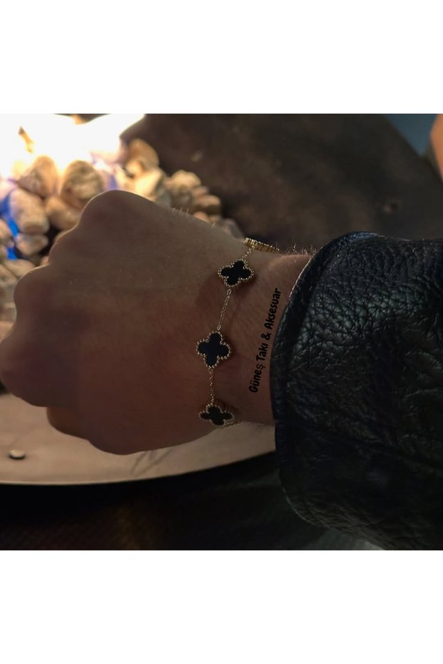 Unisex Gold-Black Color Design Large Size Clover Steel Bracelet
