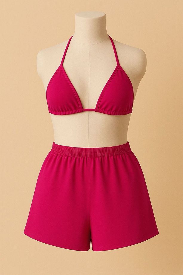 Kadın FUŞYA Yandan Ve Boyundan Şort Bağlamalı Tangalı Üçgen Bikini Gecelik Deniz Takımı - 4