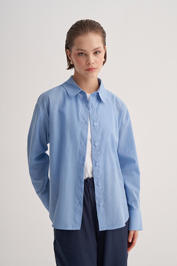 Kadın Organik Pamuklu Basic Gömlek Mavi - 2