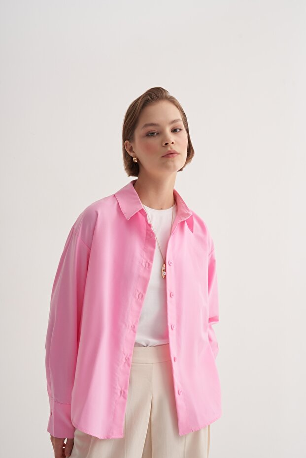 Kadın Poplin Basic Gömlek Açık Pembe - 2