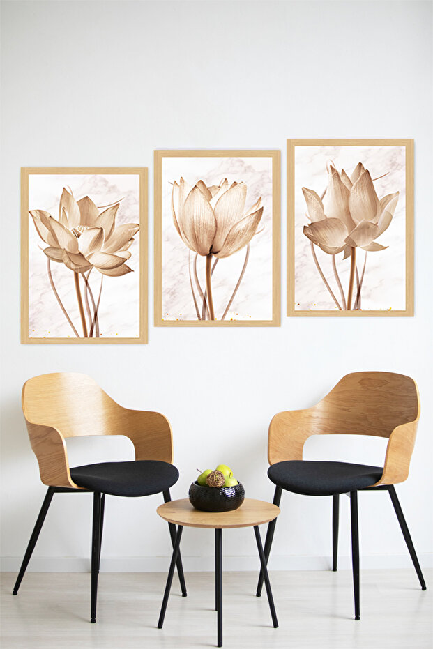 🌸 Zarafetin Yeni Yüzü: Sepya Lotus Çiçekleri Temalı 3’lü Çerçeve Görünümlü Tablo Seti 🌸 CRVS1147 - 3