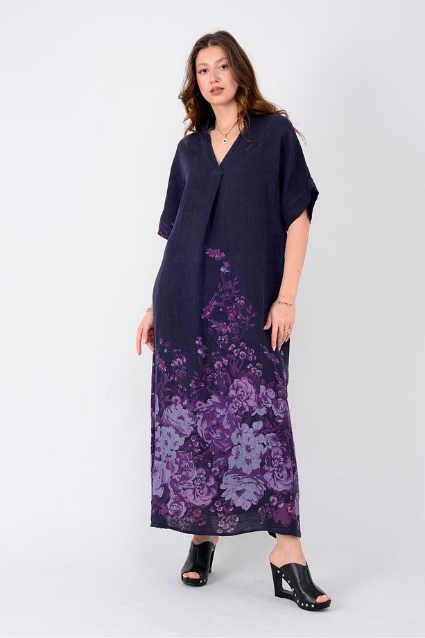 19-47 SPRING ÇİÇEK DESEN KETEN ELBİSE - 6