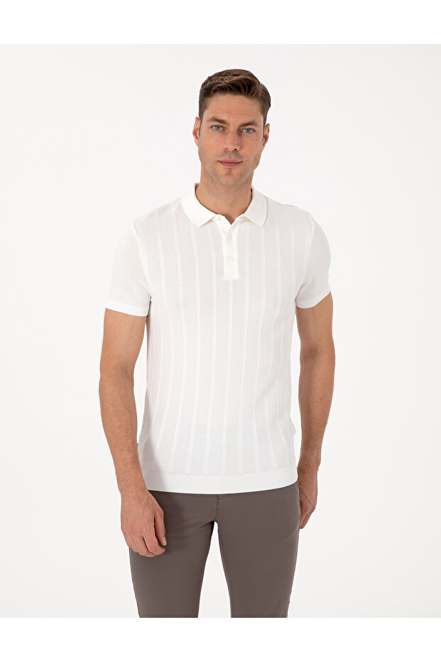 Ecru Slim Fit Polo Neck Buttoned Knitwear T-Shirt 50306025-Vr019