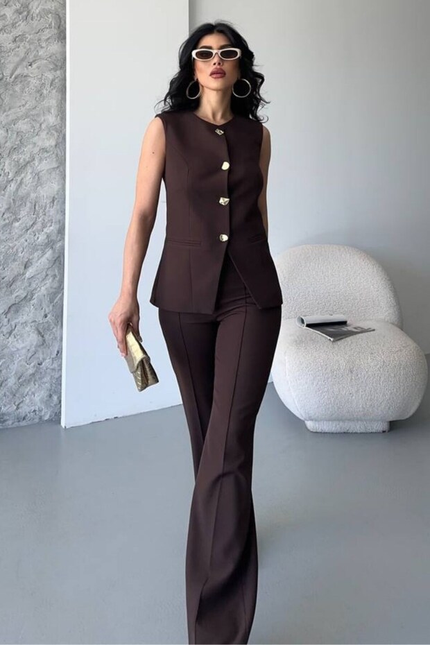 Women's Double Bottom Top Set Stylish Button Detailed Crew Neck Regular Vest Pants Set