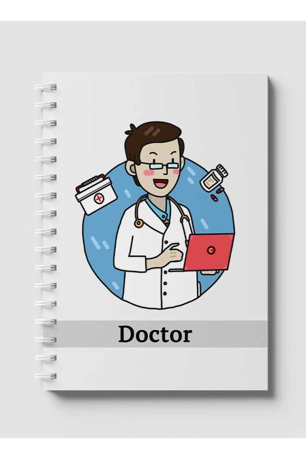 دفتر ملاحظات حلزوني مع غلافين أمامي وخلفي صلبين، يحمل صورة طبيب بتصميم إنجليزي