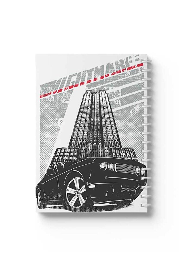 Spiral Notebook with Front and Back Hard Covers Featuring Car with Building Design