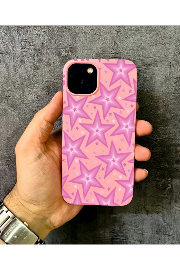 iPhone 13-14 Compatible Purple Color Star Patterned Pink Case