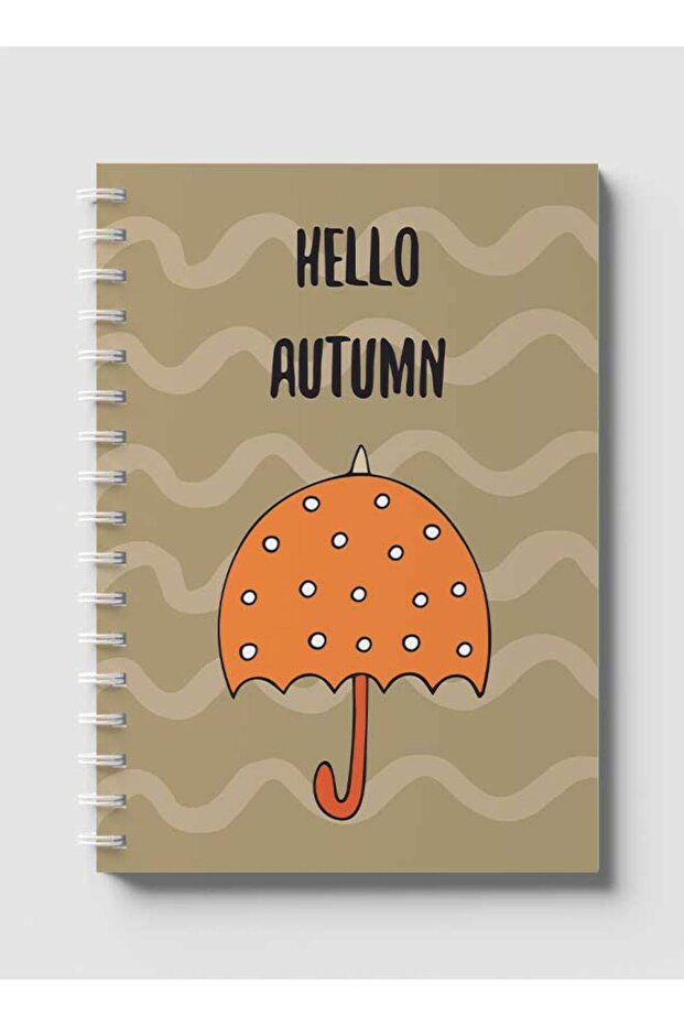 Spiral Notebook with Front and Back Hard Covers Featuring Hello Autumn Umbrella Design