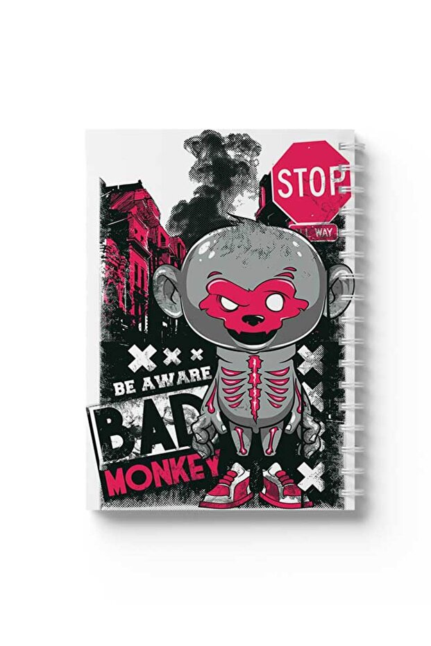 دفتر ملاحظات حلزوني مع غلافين أمامي وخلفي صلبين بتصميم Stop Bad Monkey
