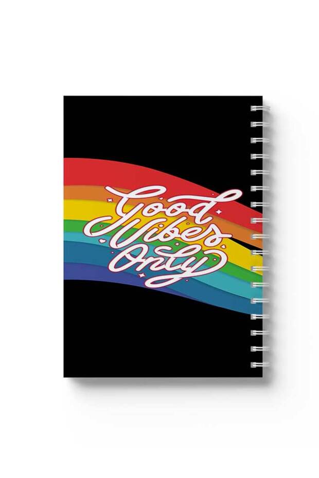 دفتر ملاحظات حلزوني مع غلافين أمامي وخلفي صلبين بتصميم Rainbow Good Vibes Only
