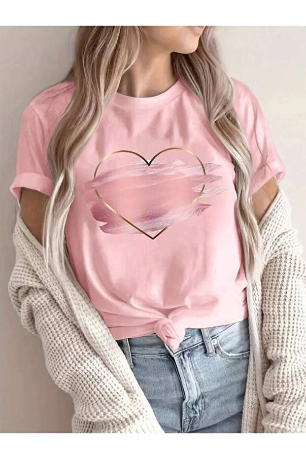 Women's Printed T-Shirt - Heart Pattern | Casual Stylish and Romantic Style