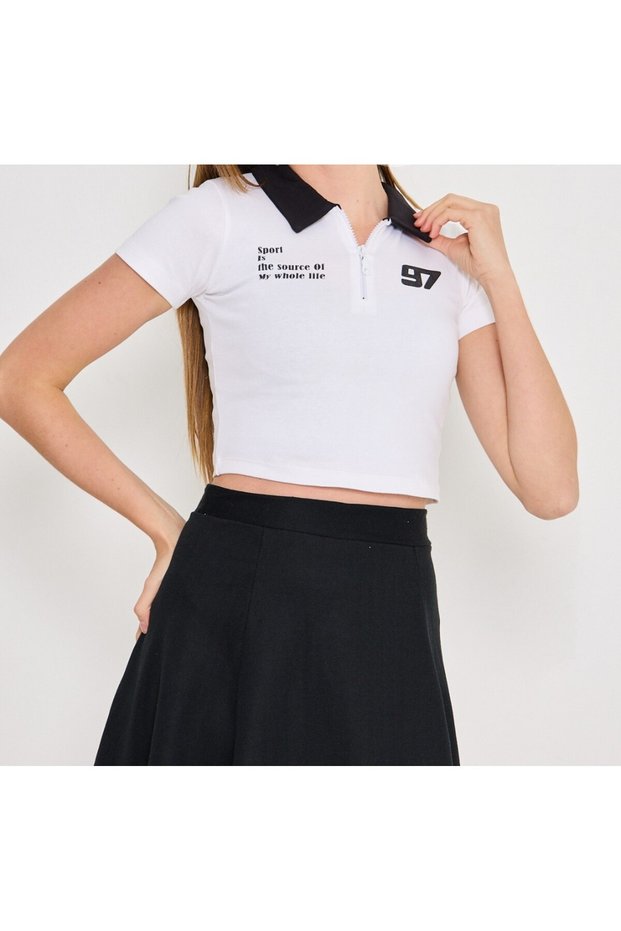 Women's Zipper Detailed Lycra Rib Crop T-Hisrt