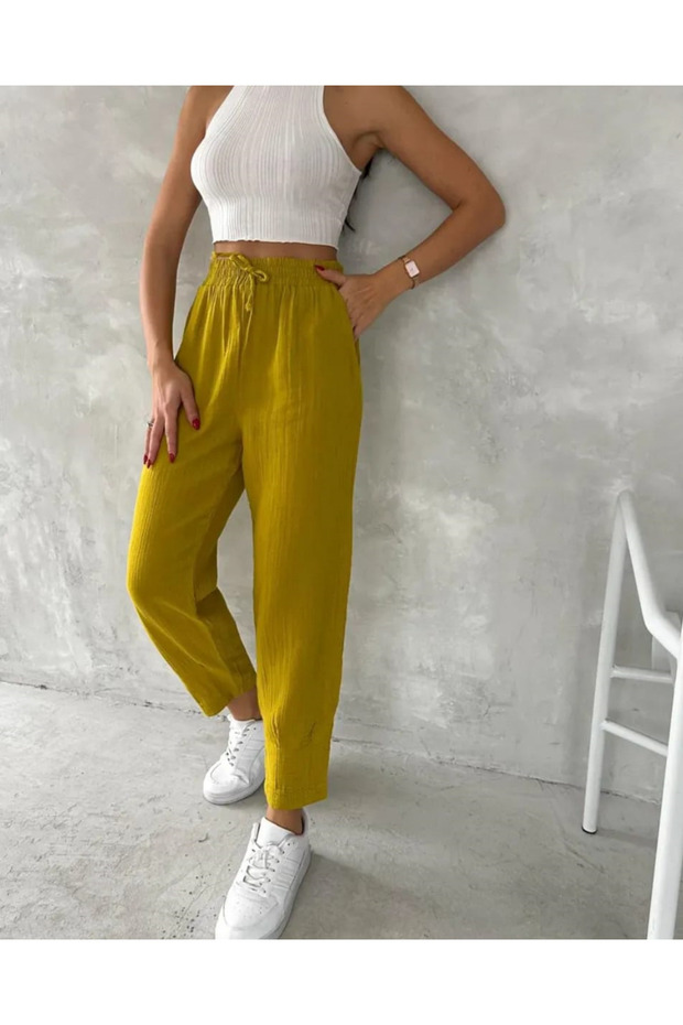 Women's Fashion Oil Green Muslin Fabric, Elastic Waist, Pocket Comfortable Fit Pants