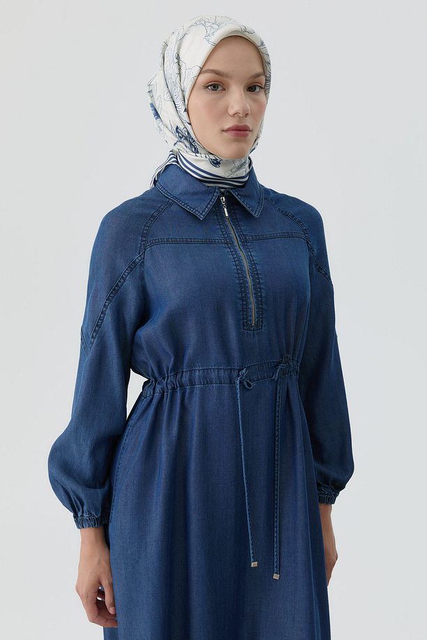 Bel Tünel Bağcıklı Elbise - İndigo - 3