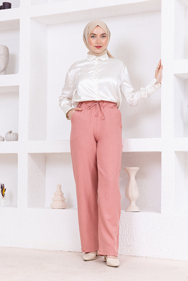 Linen pants with elastic waist and pockets - 1
