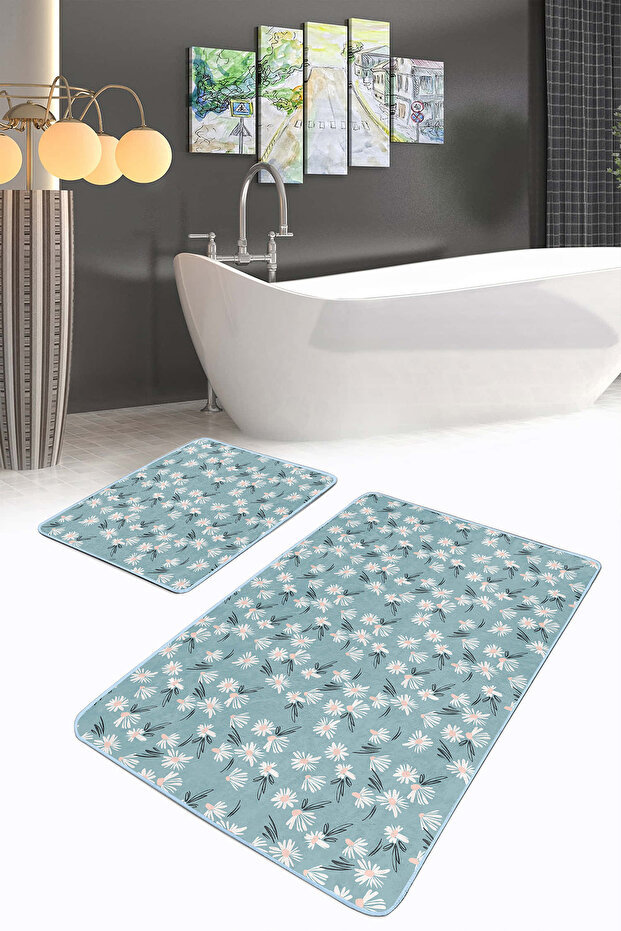 White Daisy Patterned Non-Slip Base on Blue Floor 2-Piece Washable Bath Mat Set