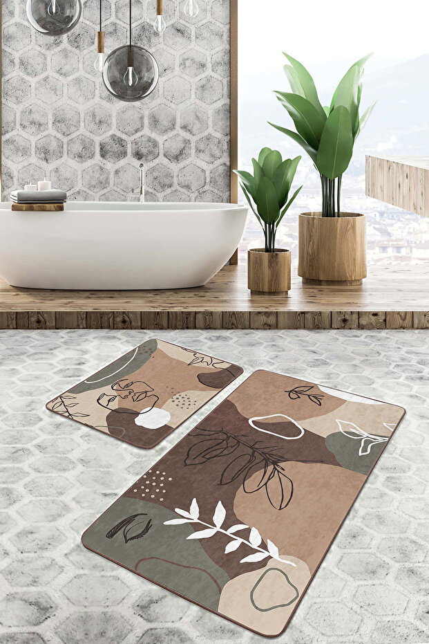Abstract Minimalist Stripes in Earth Tones Set of 2 Non-Slip Base Washable Bath Mat
