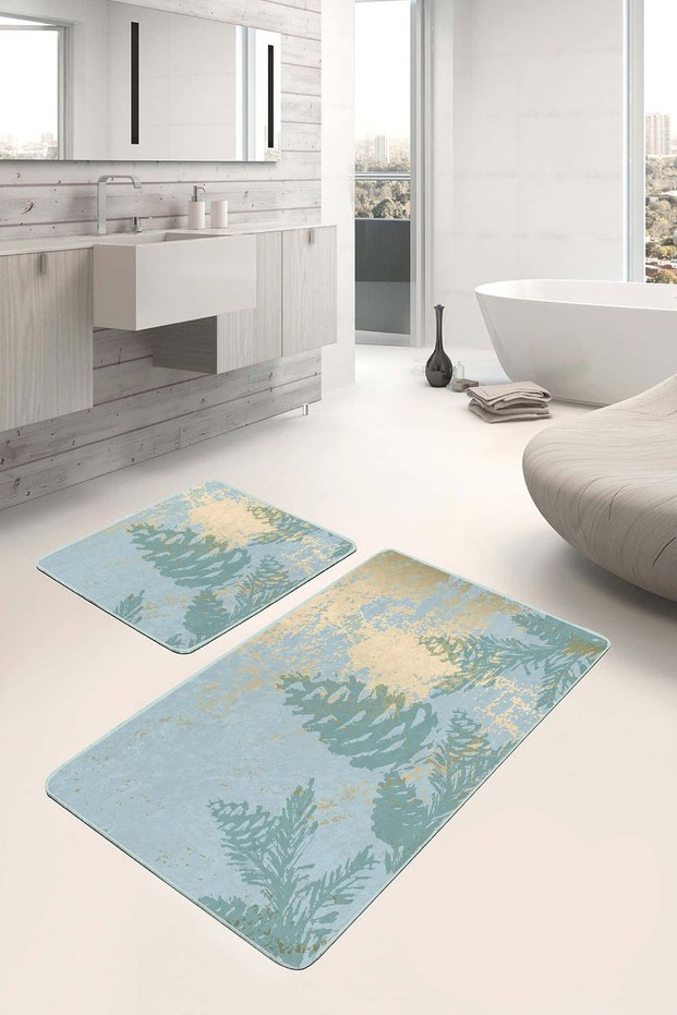 Set of 2 Non-Slip Base Washable Bathroom Mats with Green Pine and Yellow Detail on Blue Background