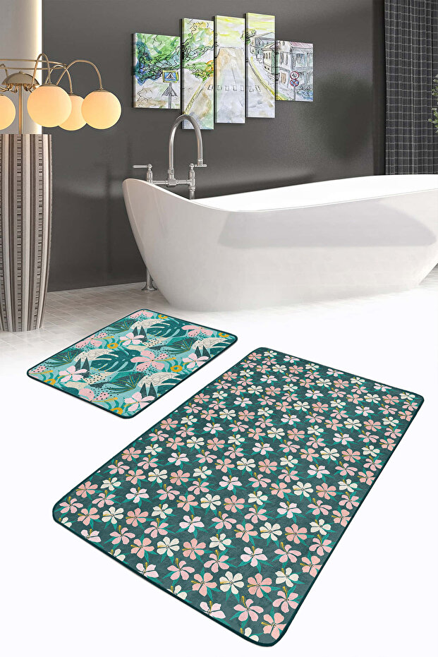 Natural Patterned 2-Piece Non-Slip Base Washable Bath Mat Set with Pink Flowers and Green Leaves