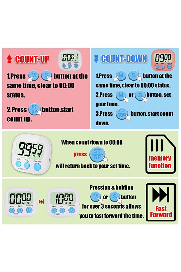 مؤقت إلكتروني متعدد الوظائف مكون من 4 قطع، لإدارة التعلم، مناسب للمطبخ والدراسة والعمل والتمرين - 4