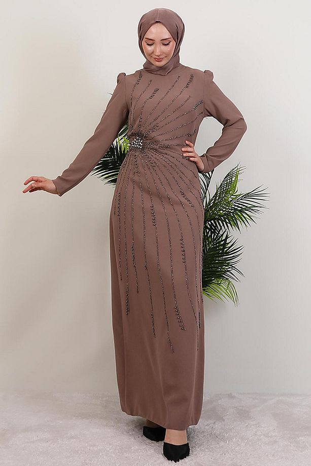 Elçin Taşlı Elbise Gül Kahve - 2