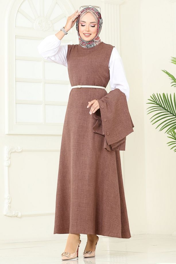 Gömlek Detaylı Elbise Takım PL9157 Kahve - 4