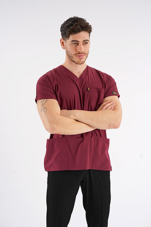 Bordo Dr.Greys Modeli Likralı Hemşire Doktor Forması Scrubs Tek Üst Unisex Yarasa Kol - 6