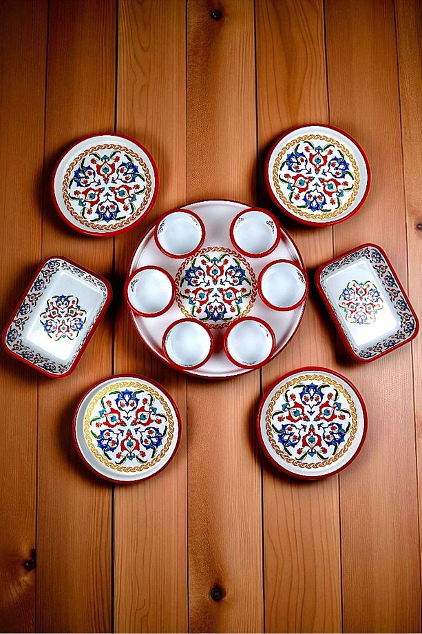 4 Kişilik Orta Boy Desenli Emaye Kahvaltı Seti,Sunum,Kahvaltı Tabağı, Reçellik,Zeytin, Peynir Tabağı - 4