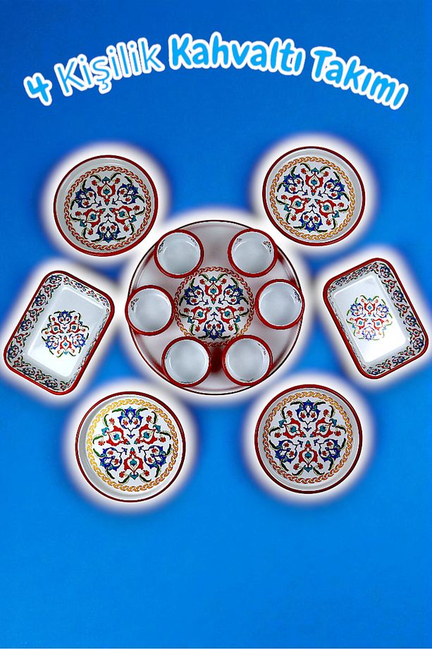 4 Kişilik Orta Boy Desenli Emaye Kahvaltı Seti,Sunum,Kahvaltı Tabağı, Reçellik,Zeytin, Peynir Tabağı - 1