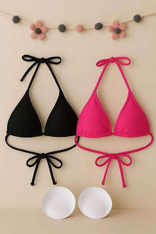 Kadın Siyah ve Fuşya Minimal Kesim Üçgen Bikini Üstü - 5