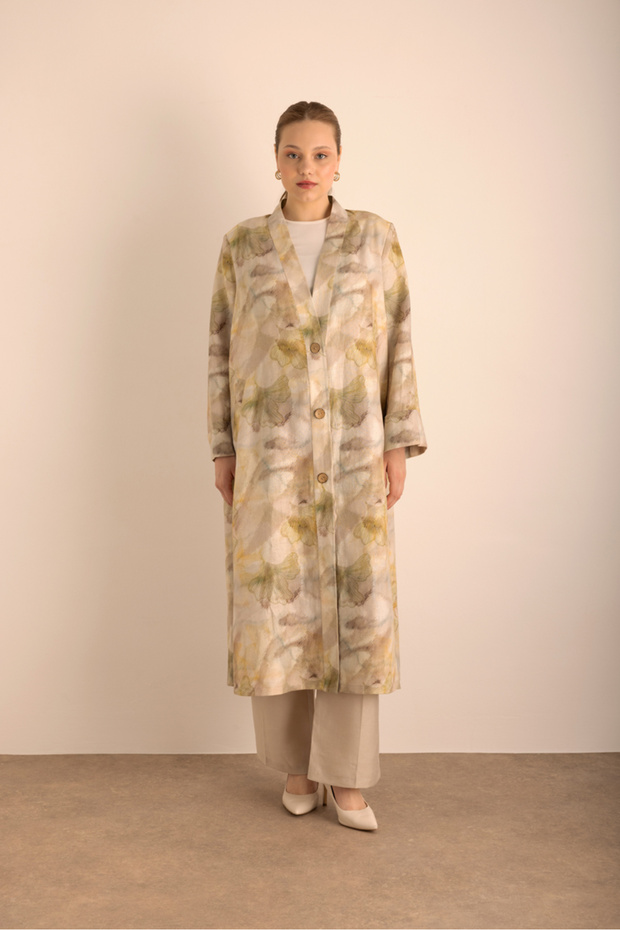 Desenli Keten Pardösü - 5