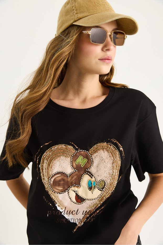 Women's Black Mickey Mouse Printed Beaded Embroidered Oversize Cotton T-Shirt 1633 60283284