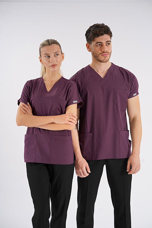Plum Dr.Greys Model Lycra Nurse Doctor Uniform Scrubs Single Top Unisex Bat Sleeve