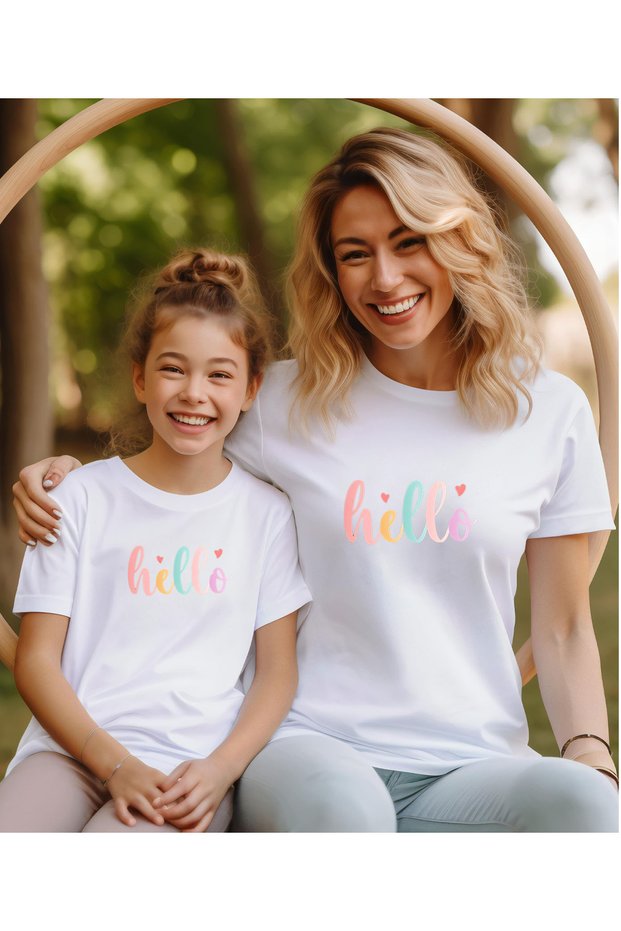 Mother-Daughter Hello Printed T-Shirt - Crew Neck Cotton T-Shirt