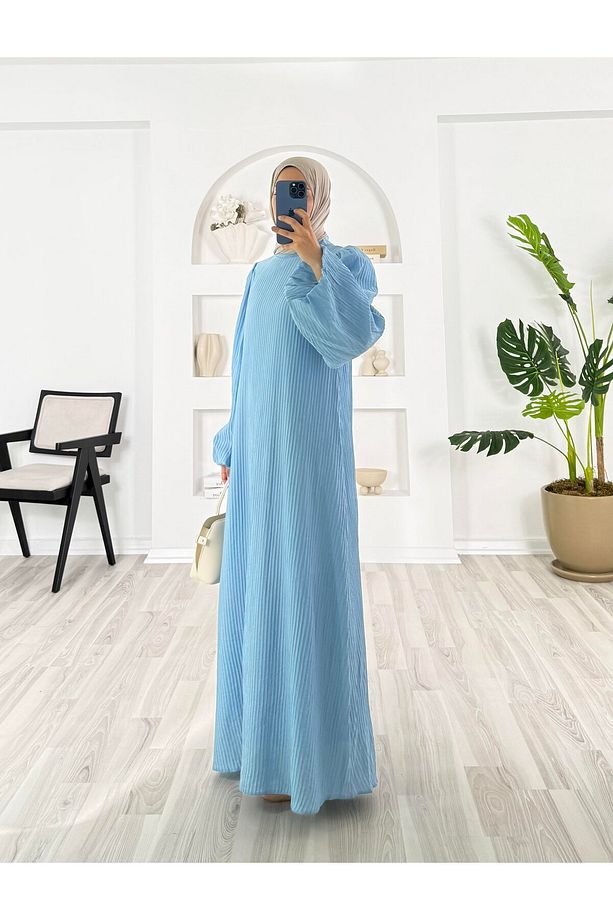 PİLİSELİ VRN POLYESTER KUMAŞ ASTARLI -BALON KOL HAKIM YAKA KEMERLİ ELBİSE - 5