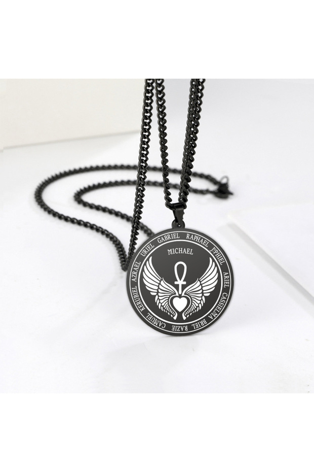 Archangel Michael Necklace Men Women Salomon Wings Heart-Shaped Stainless Steel Chain Necklace