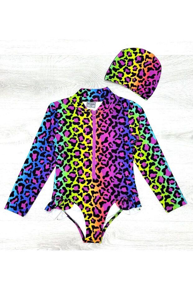 Yigit Boutique Leopard Patterned Checkered Girl's Swimsuit