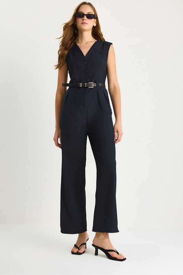 Women's Navy Blue V-Neck Belted Wide Leg Jumpsuit with Pockets 90021 60283050